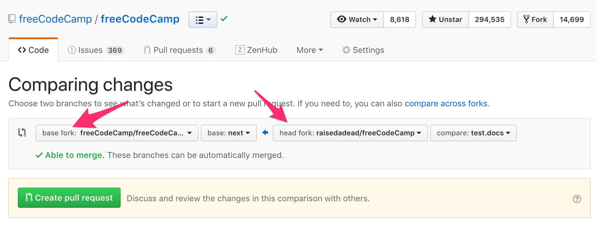 Image - Comparing forks when making a pull request